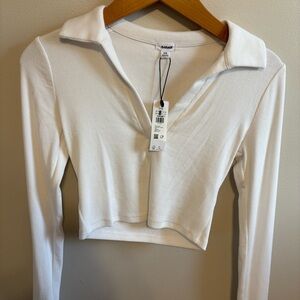 Garage Navy Blue Caroline Long Sleeve Cropped Polo Top